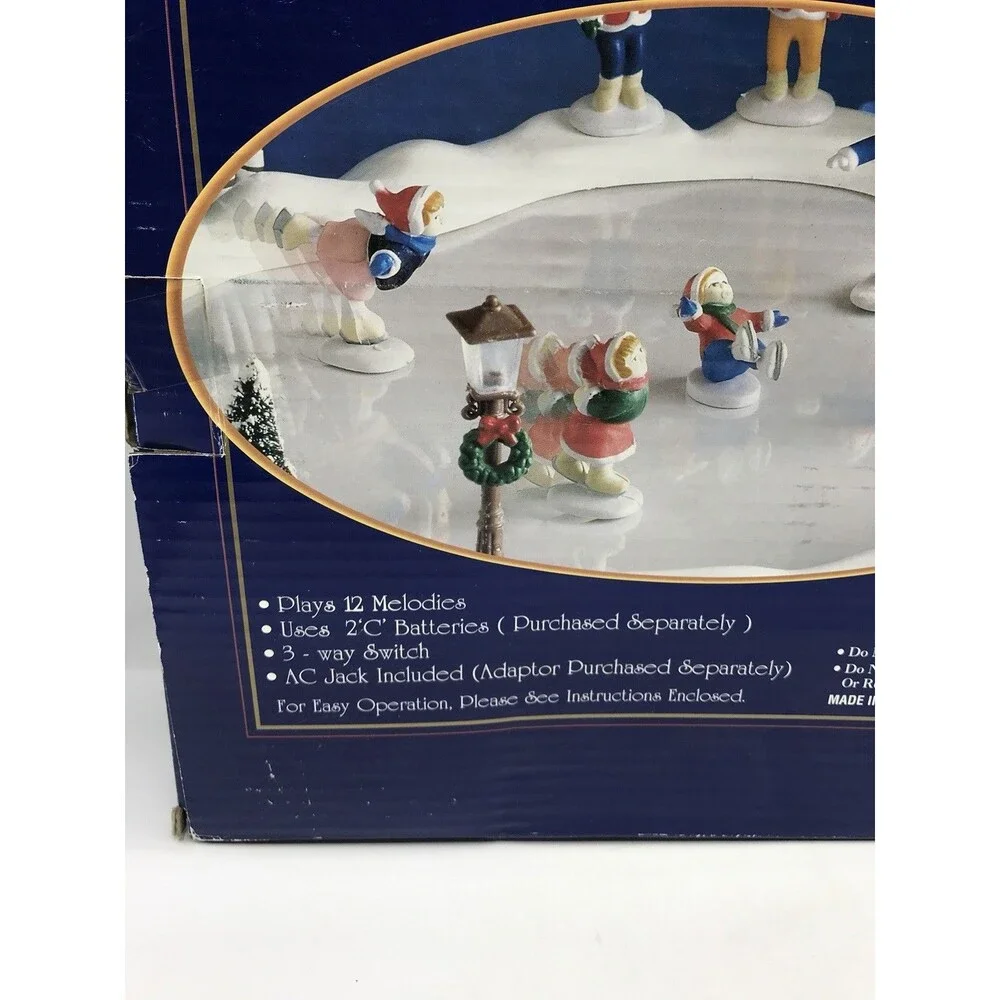 Vintage Happy Winter Holiday Village Skating Pond Musical Works And Complete
